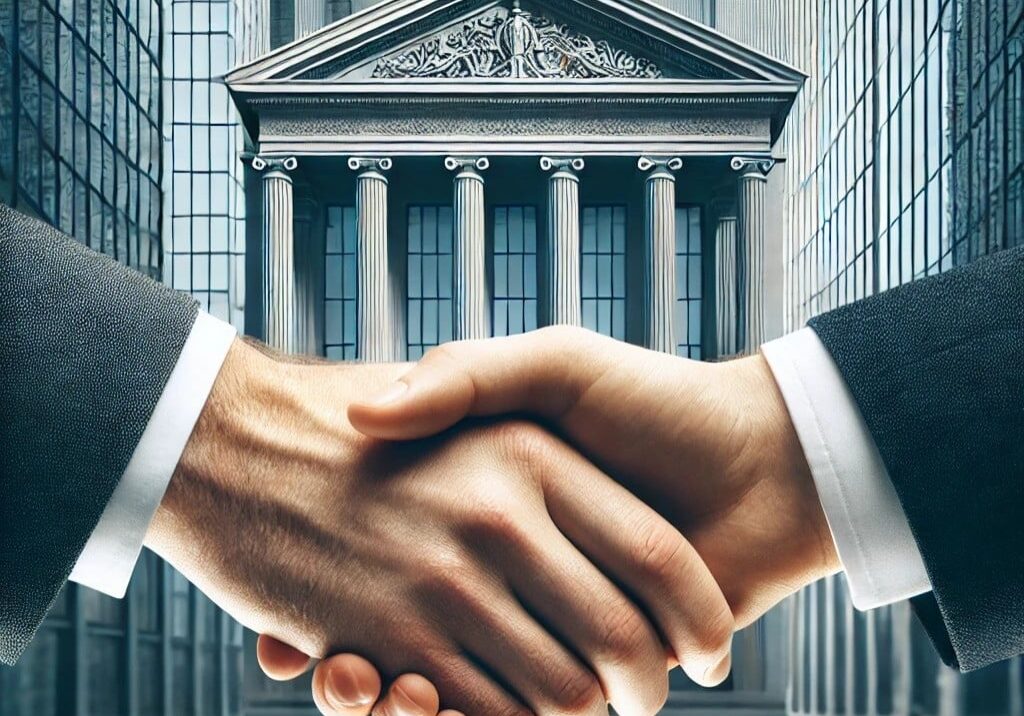 Hands shaking bank